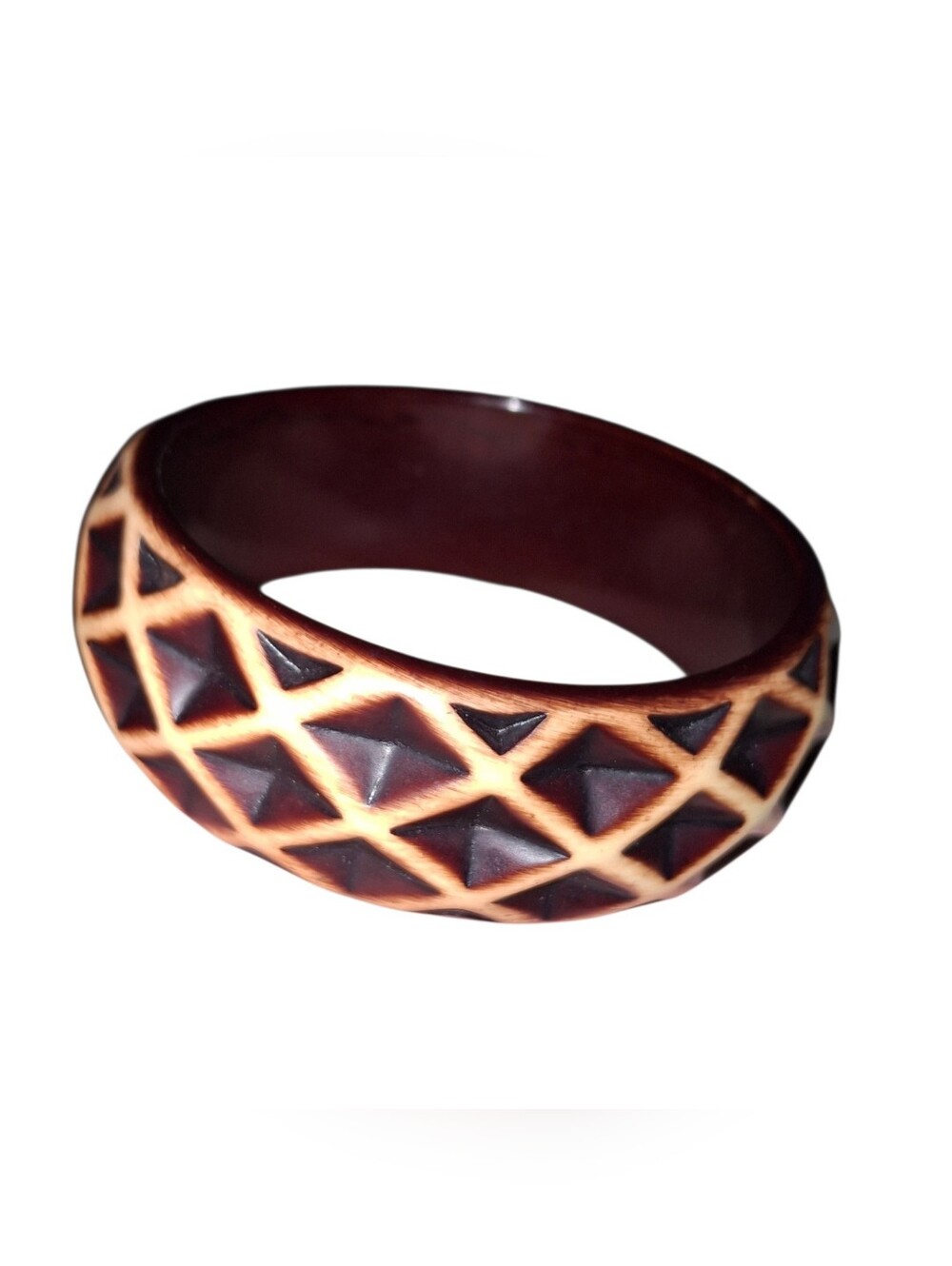 Brown Carved Bakelite Or Galalith Geometric Bangle Bracelet Vintage Runway